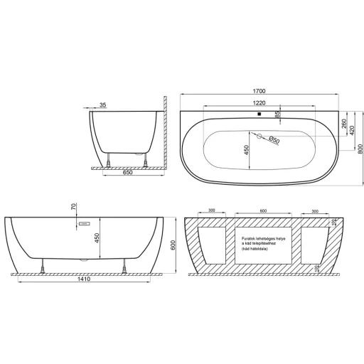 Avalon különleges akril kád 170x80 fehér előlappal